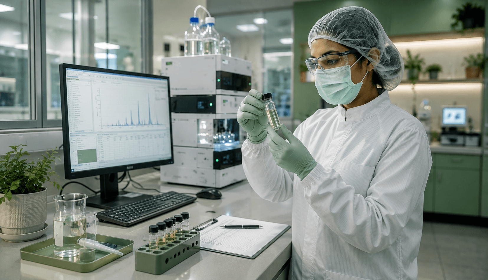 Quality-control specialist reviewing a sample in a modern analytical laboratory