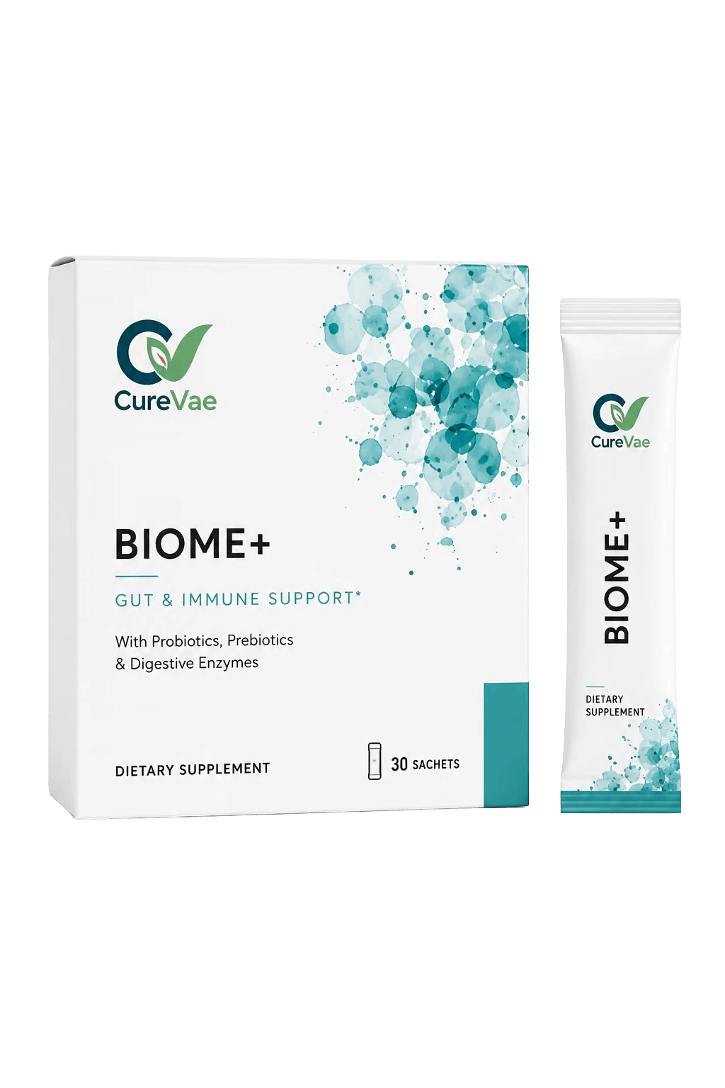 CureVae Biome Plus gut health sachet carton, front view