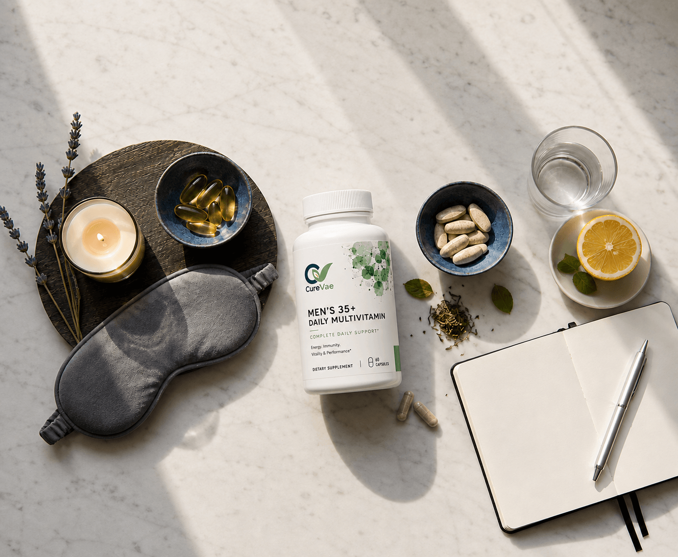 CureVae Multivitamin beside a sleep mask, journal, water and evening wellness essentials