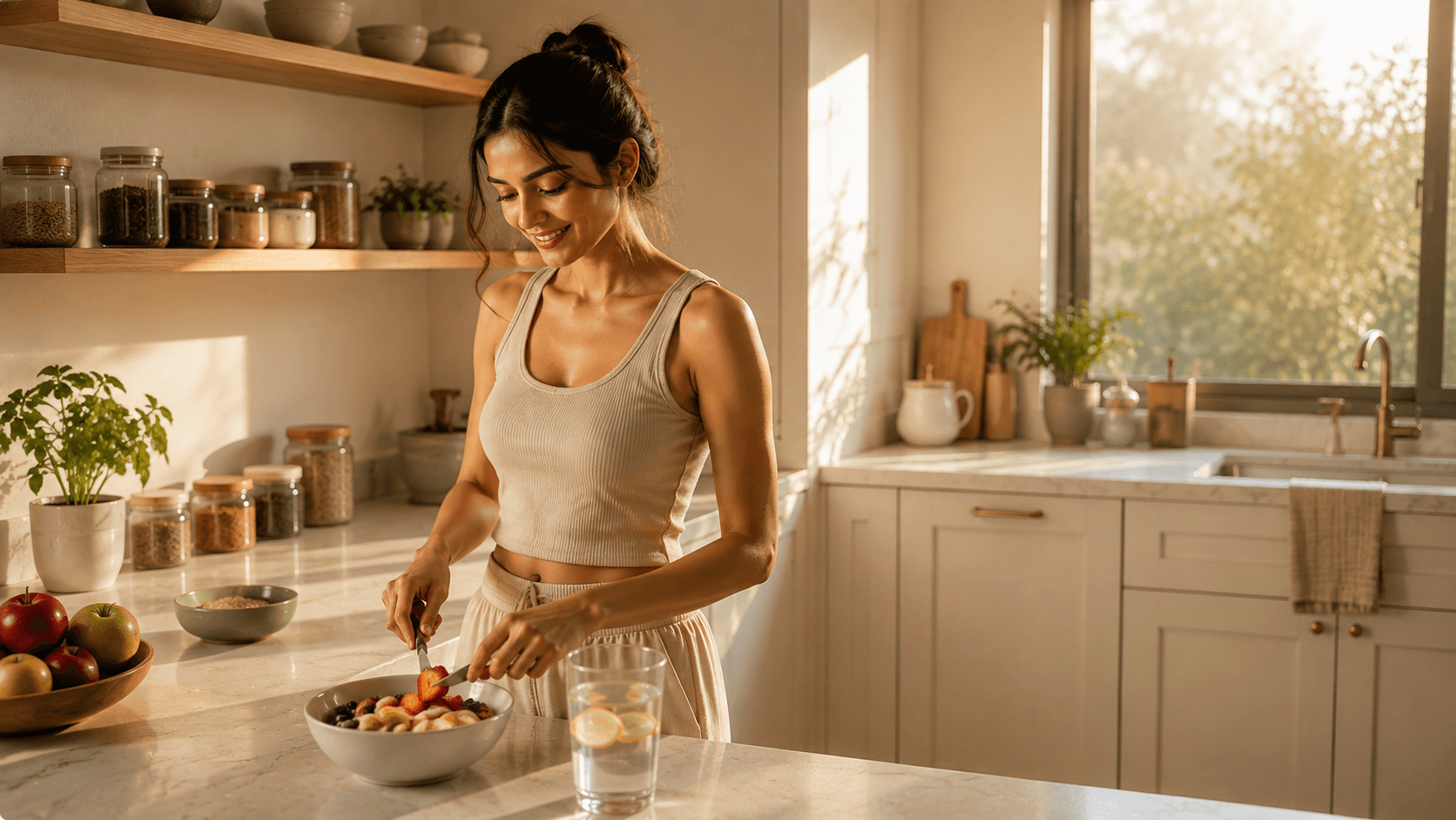 Woman preparing a nourishing breakfast in a sunlit kitchen