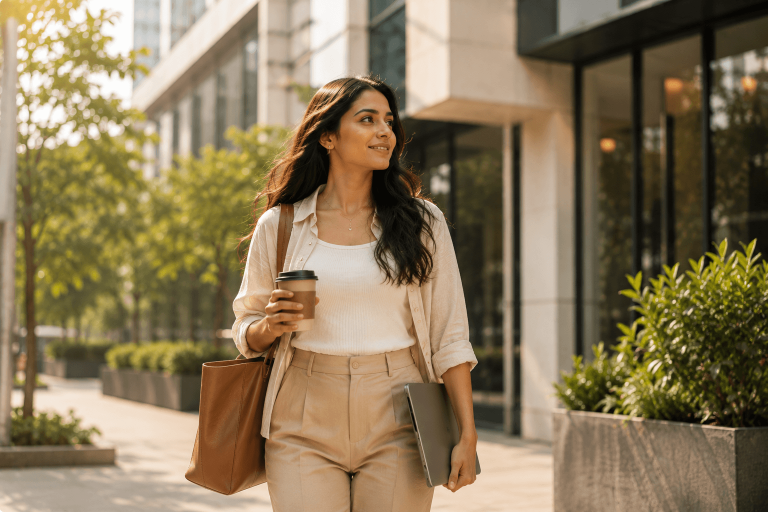 Woman moving confidently through her day outdoors