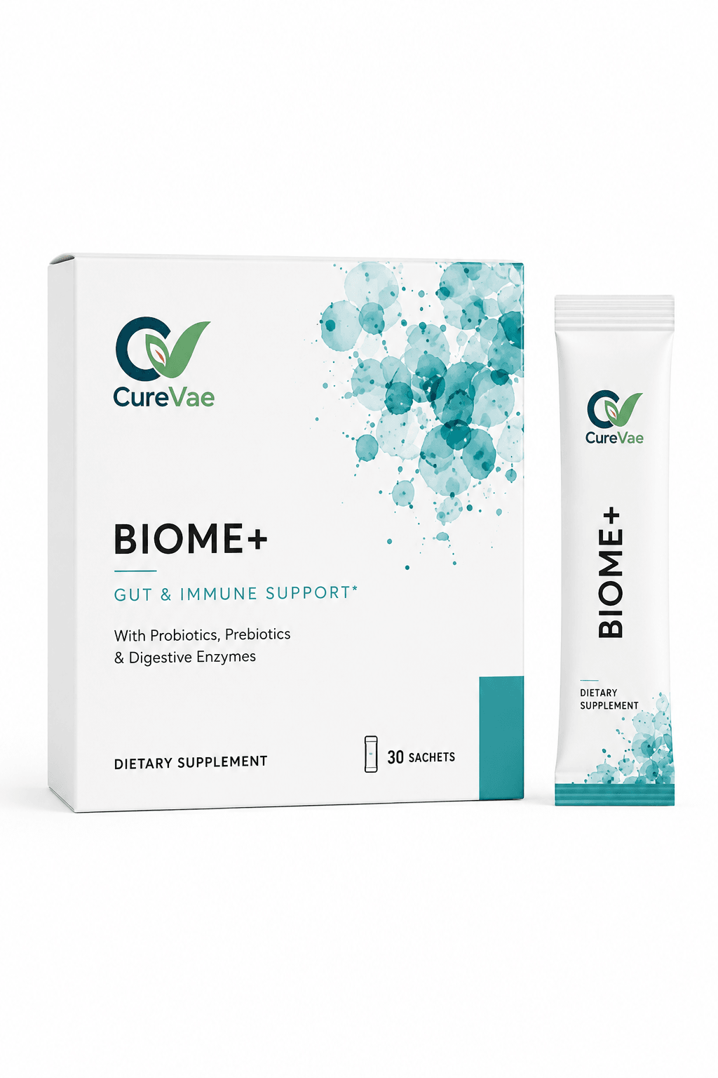 CureVae Biome Plus gut health sachet carton, front view