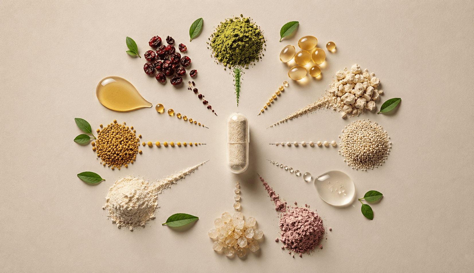 Ingredient forms arranged around a capsule to represent considered formulation architecture