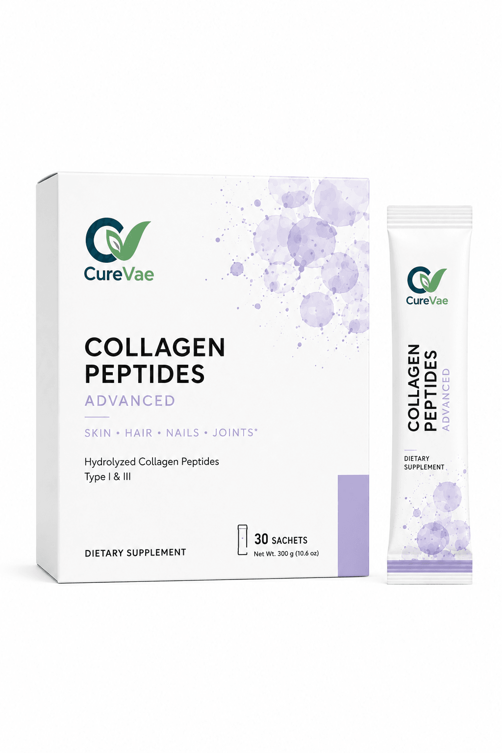 CureVae Collagen Peptides Advanced sachet carton, front view