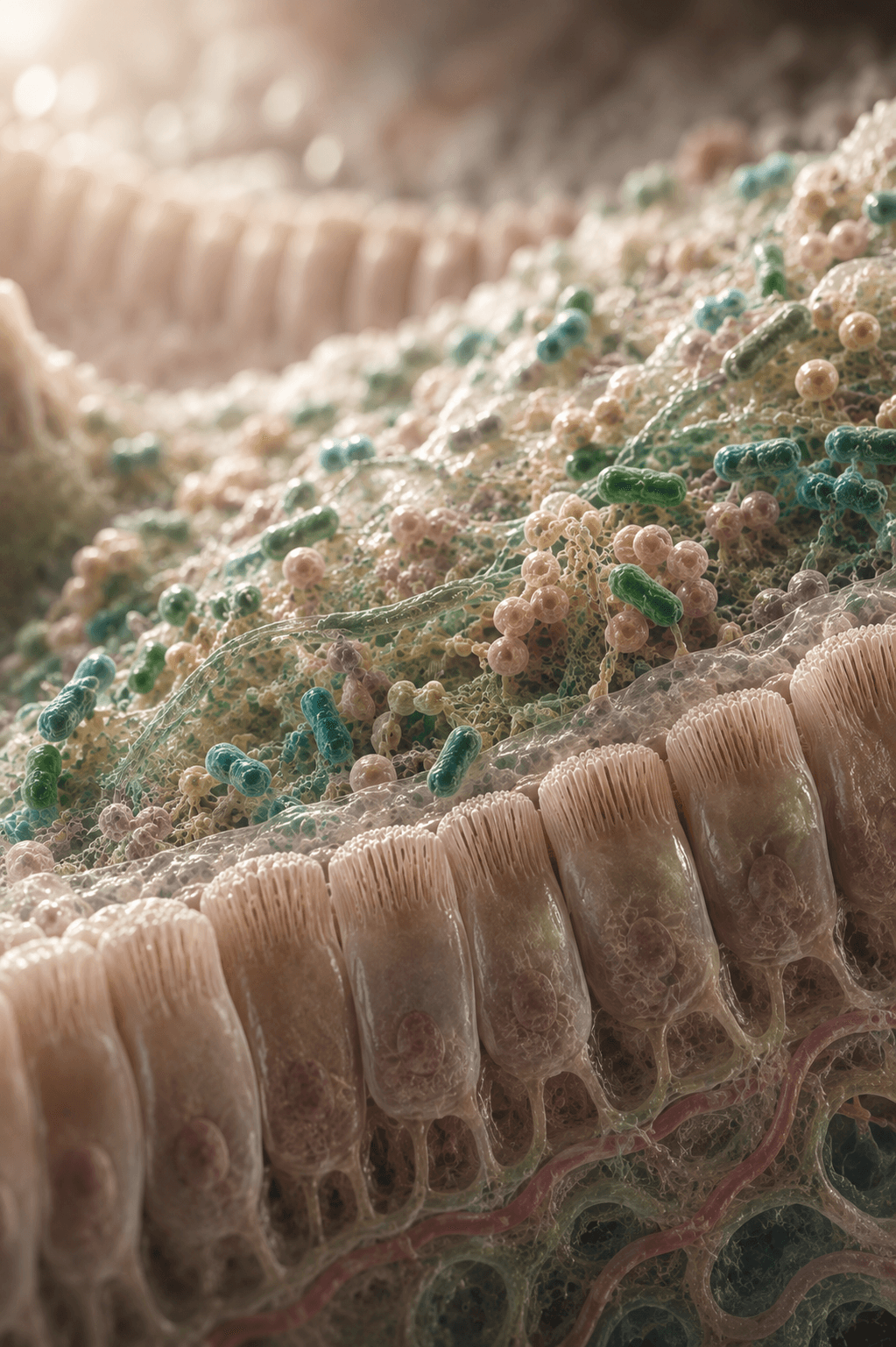 Detailed scientific illustration of the intestinal microbiome