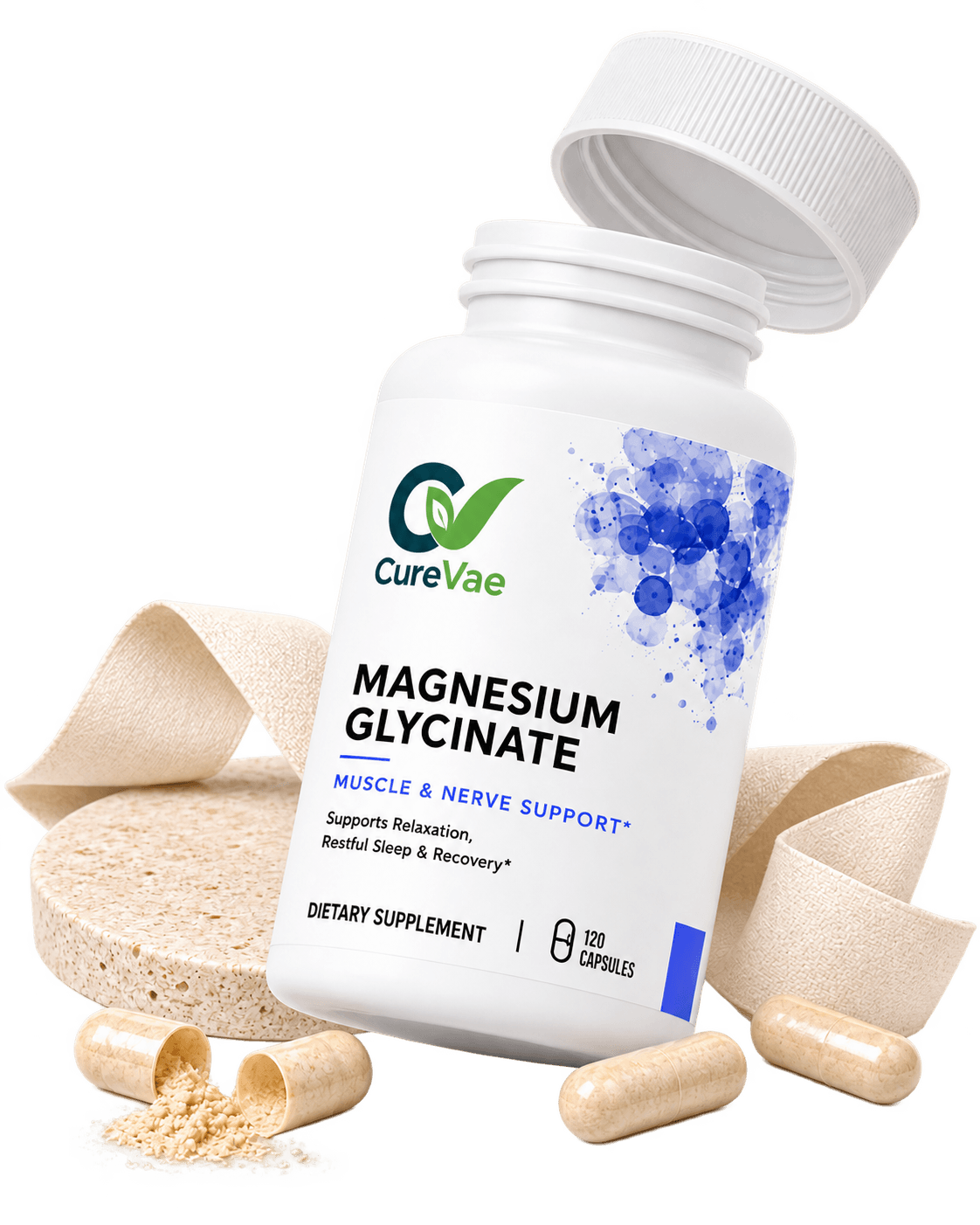Open CureVae Magnesium Glycinate bottle with capsules in an evening-routine still life
