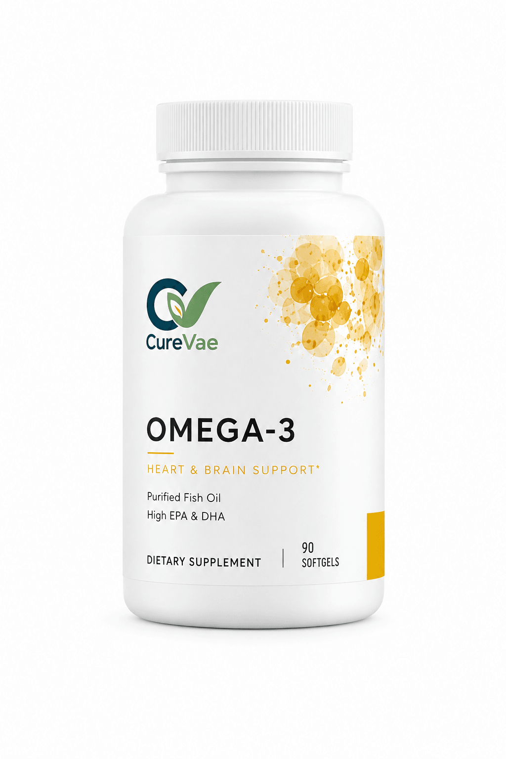 CureVae Omega-3 purified fish oil bottle, front view