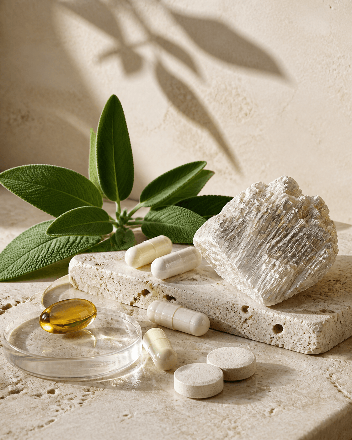 CureVae wellness ingredients including capsules, softgels, tablets, minerals and sage leaves