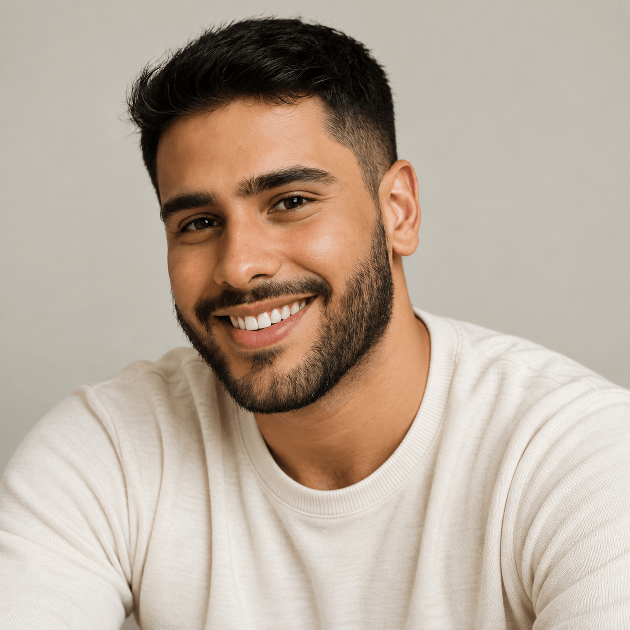 Smiling man in a cream-coloured shirt