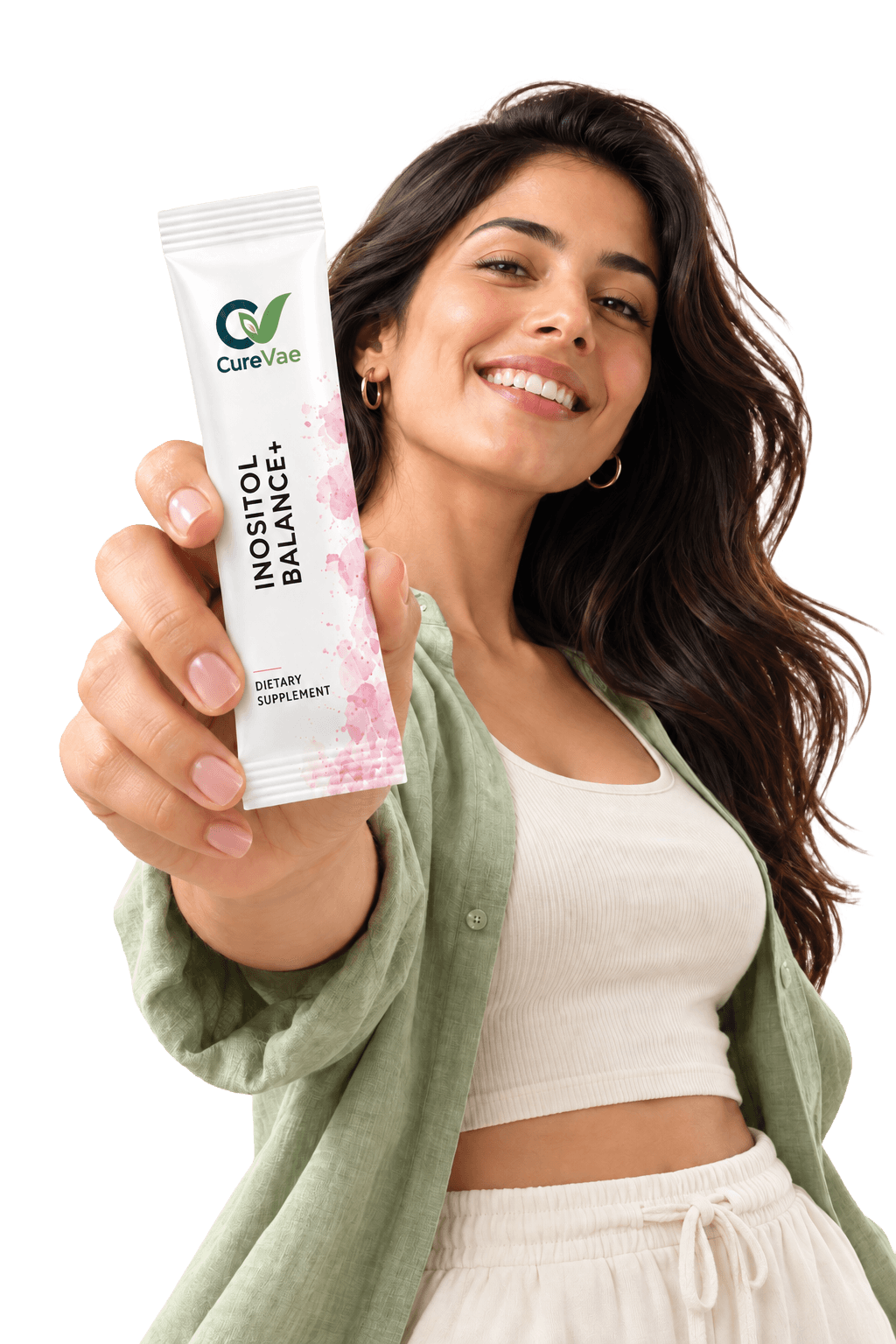 Woman holding a CureVae Inositol Balance+ sachet