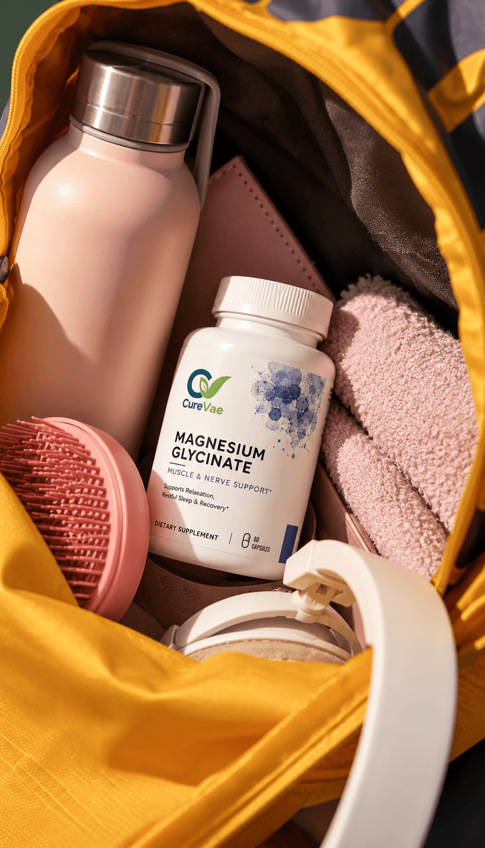Magnesium glycinate benefits displayed above capsules held in a hand