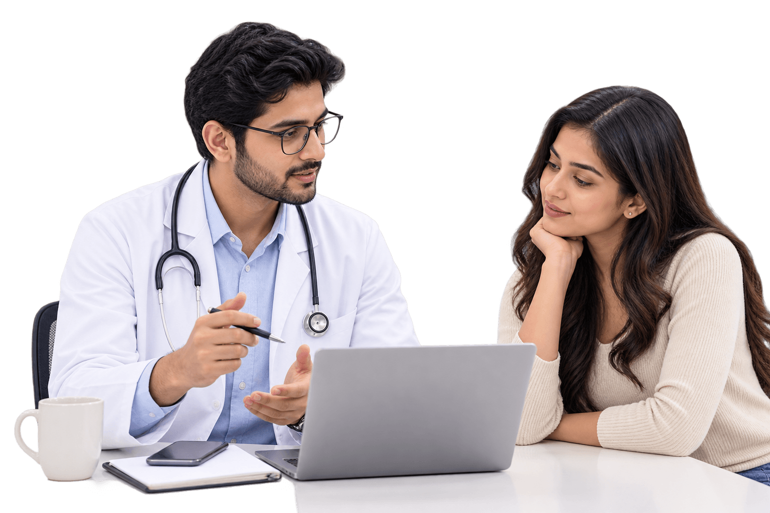 Clinician speaking with a patient during an online consultation