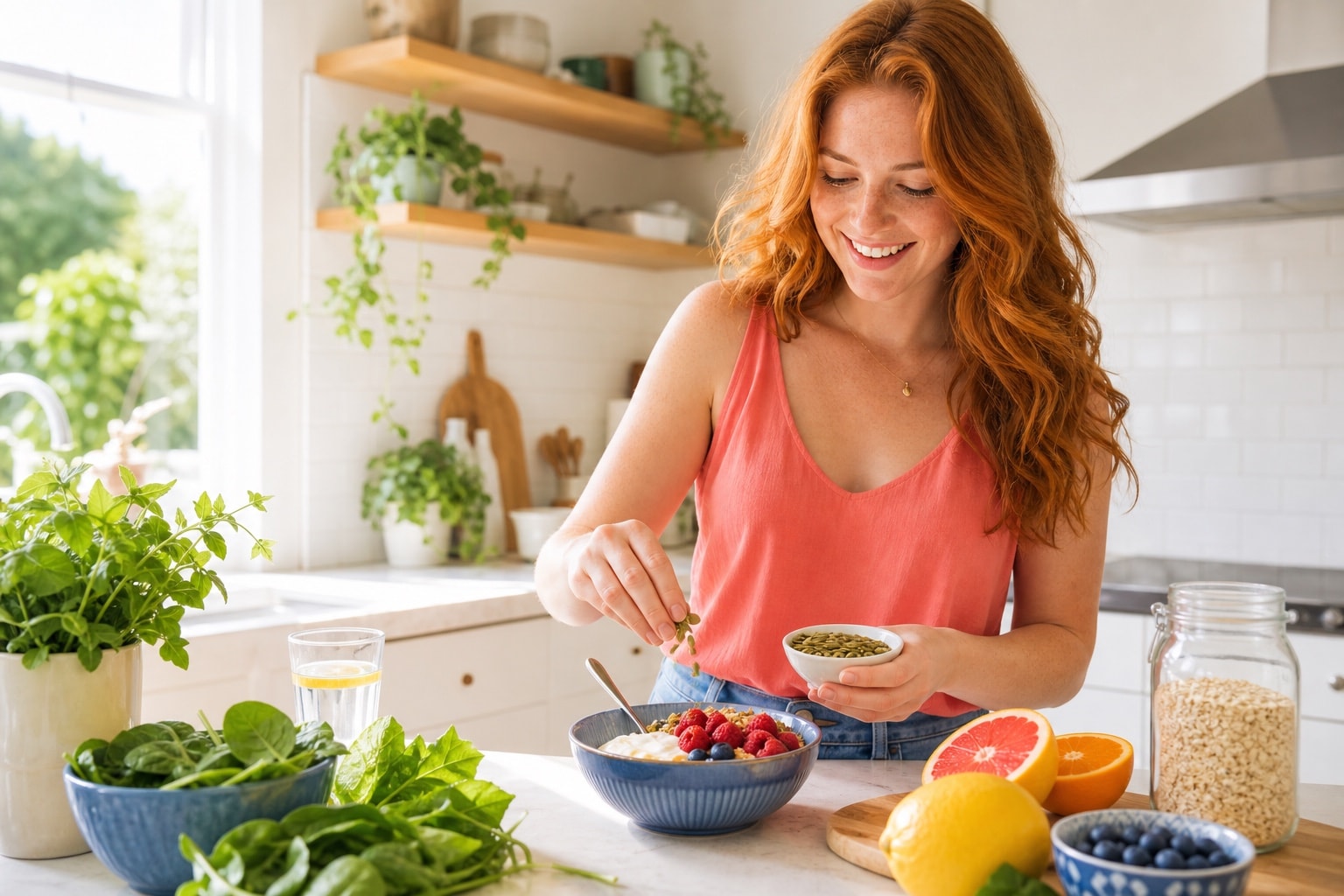Woman preparing a balanced meal at home
