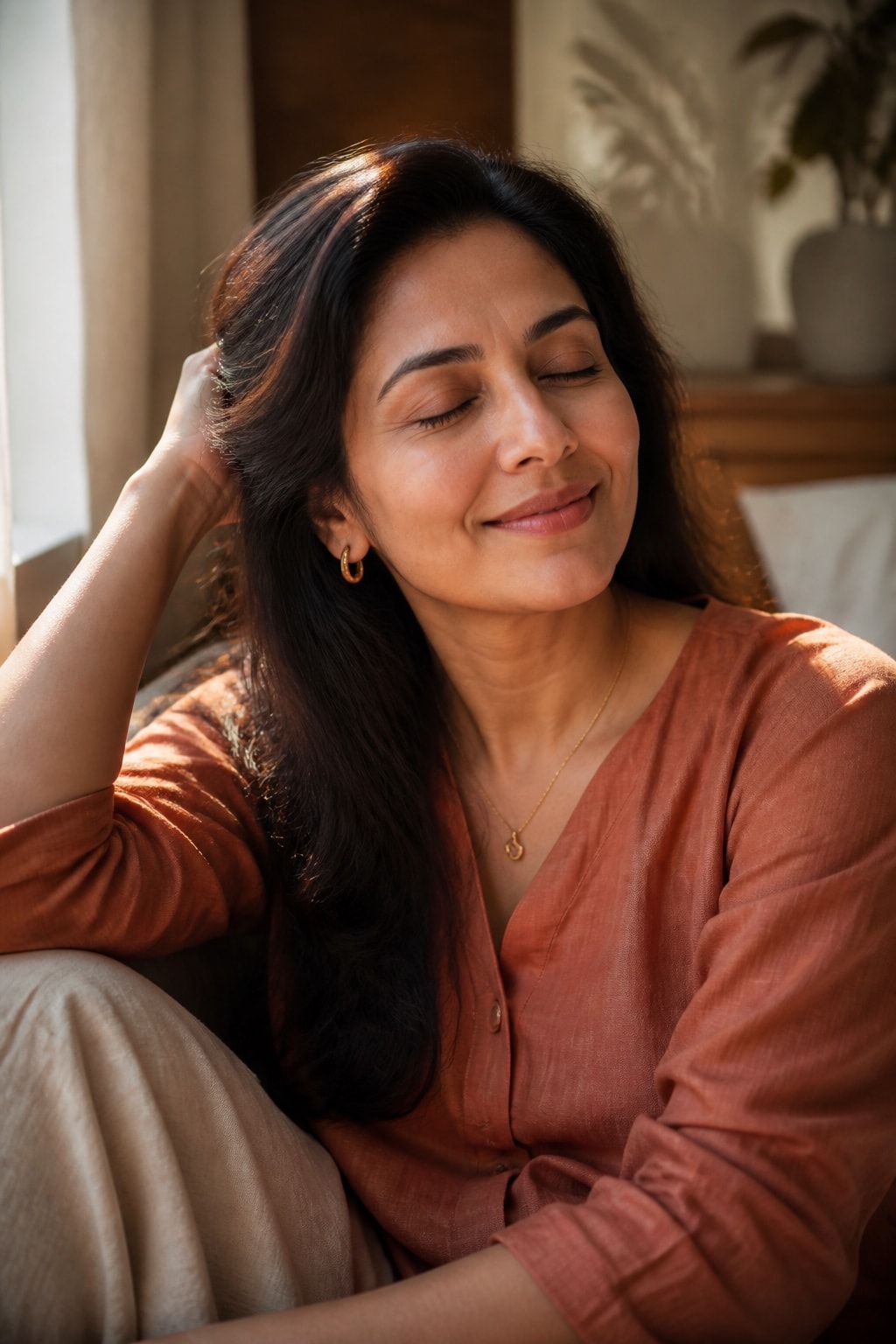 Woman taking a calm moment during her routine