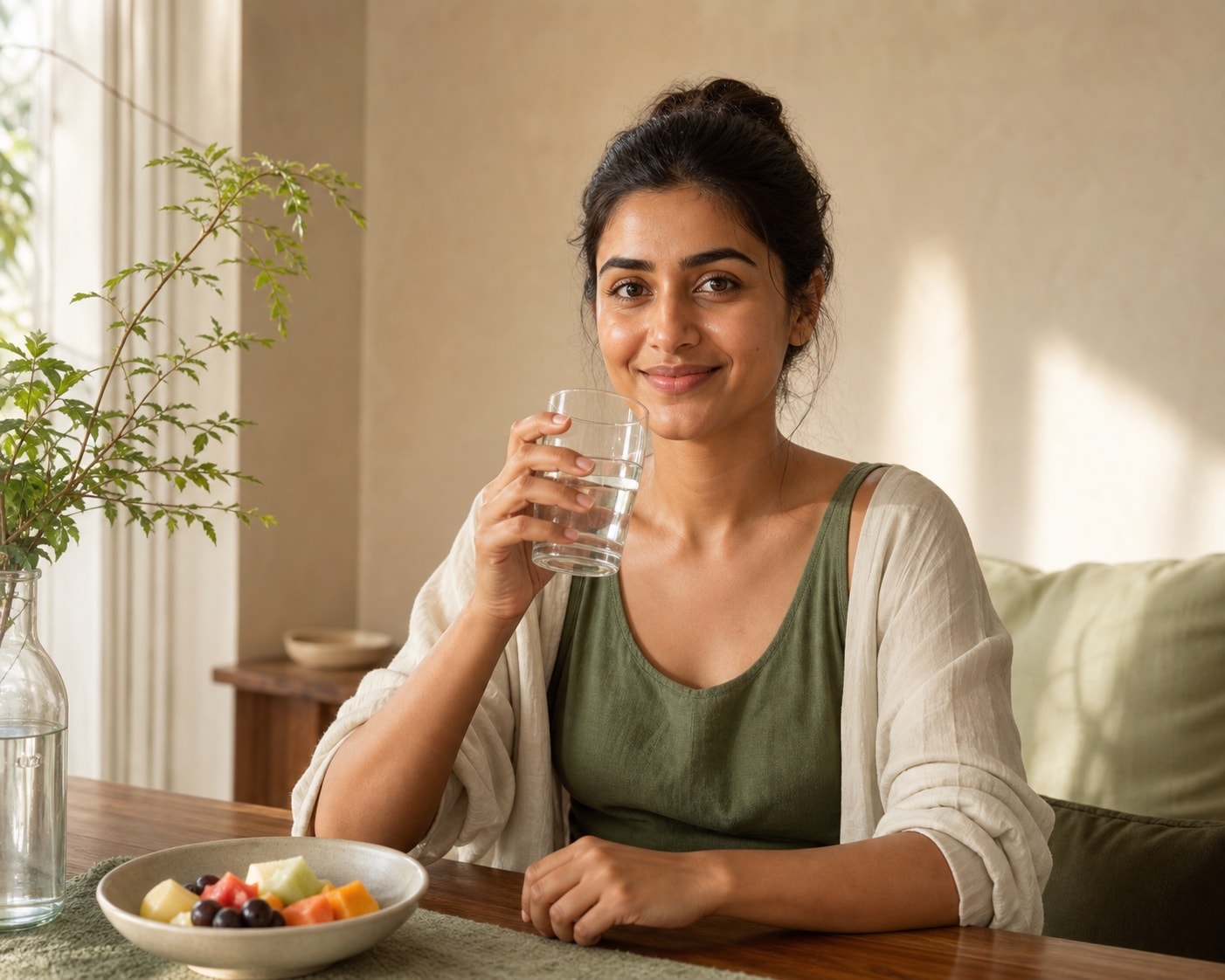 Woman beginning her day with water and fresh fruit