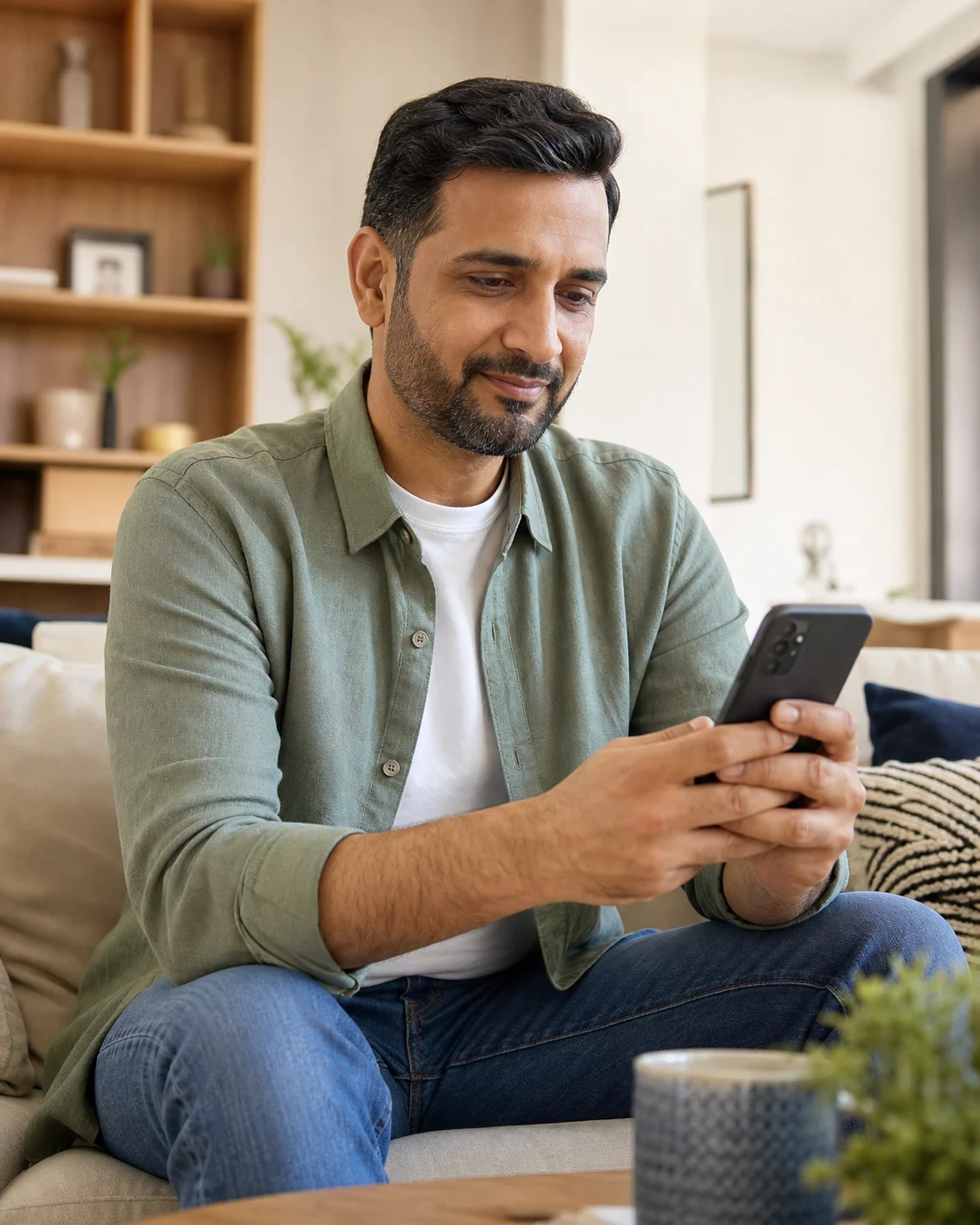 Man using a smartphone for a private health task